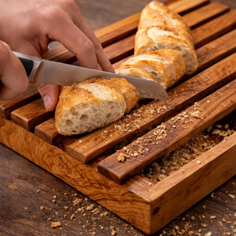 Olive Wood Bread Cutting Board with Crumb Tray