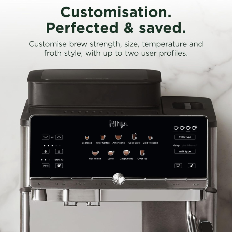 Ninja AutoBarista Fully Automatic Coffee Machine, Bean-to-Cup, 10 One-Touch Drinks, Silver