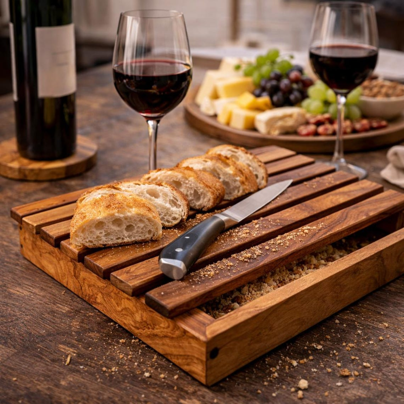Olive Wood Bread Cutting Board with Crumb Tray